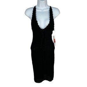Madden NYC Lace Up Crochet Black Halter Dress XXS Adjustable Cross Back Straps